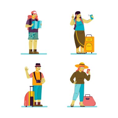Cartoon Travel Character with Woman and Man Bring Travel Bag 