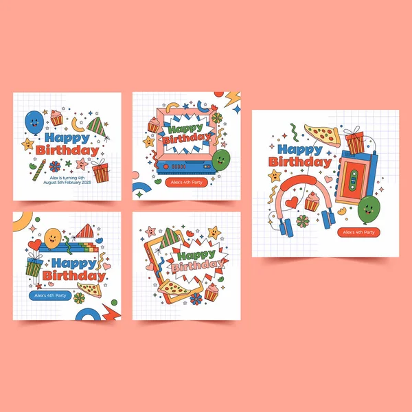 90's Birthday Social Media Post Template with Cute Cartoon Illustration