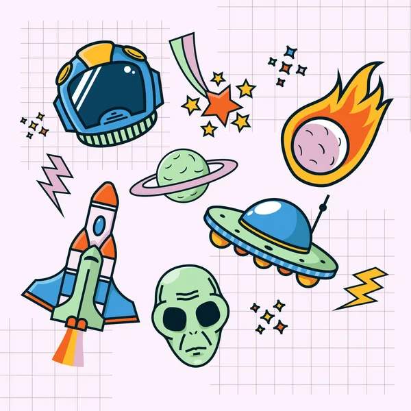 Pop 90's Sticker Icon Space Objects with Cartoon Style  