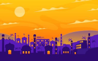 Arabian Landscape with Mosque and Desert Background Panorama 