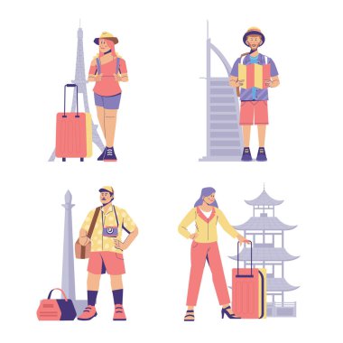 Genç ve Yetişkin Seyahat Eden Kadın ve Erkek Karakter Moda Tarihi Eserleri ve Düz Çizim