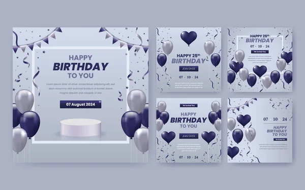 Balonlar Kalp Konfeti Bayrak Ile Doğum Günü Sosyal Medya Postası — Stok Vektör