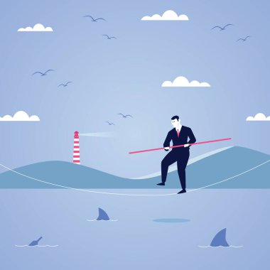 Man Business Character Halat üzerinde yürüyordu köpekbalığı ile dipte arazi ve deniz feneri ile