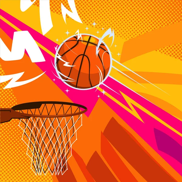 要旨カラフルな90年代スタイルとバスケットボールフィールドとサンダーイラストを持つコミックバスケットボールの背景 — ストックベクタ