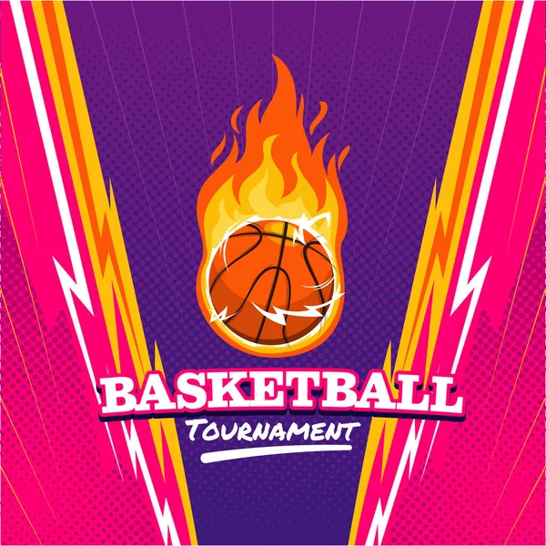 概要カラフルな90年代スタイルとサンダーイラストで火のトーナメントの背景に漫画バスケットボール — ストックベクタ