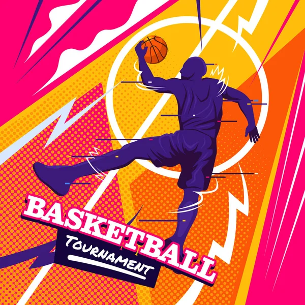 バスケットボール男スラムダンク都市スタイルと太いカラフルな色のグリッチスタイルのポーズ — ストックベクタ