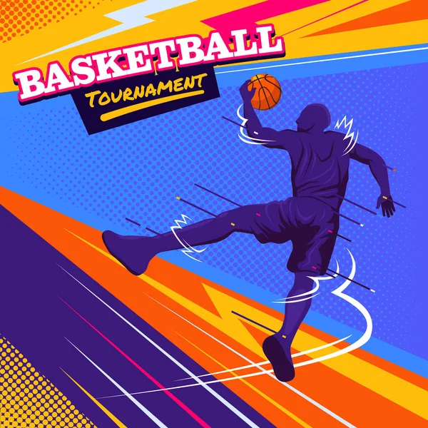 バスケットボール男スラムダンク都市スタイルと太いカラフルな色のグリッチスタイルのポーズ — ストックベクタ