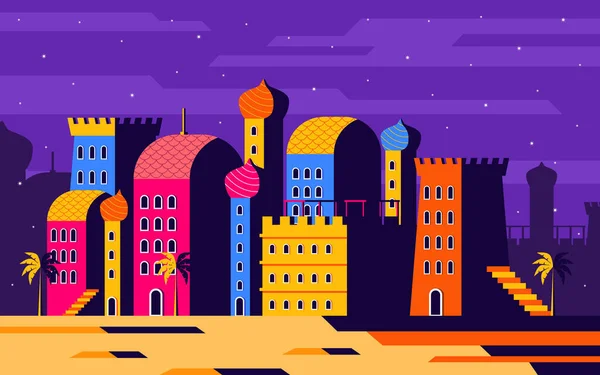 Arabski Night Cityscape Tradycyjny Budynek Minimalistycznym Płaskim Tle Ilustracja — Wektor stockowy