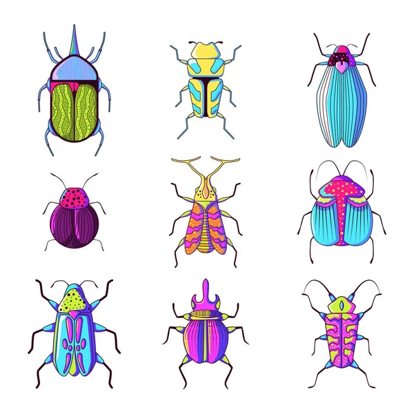 Insektenkäfer Handgezeichnete Kollektion Mit Kühner Fluoreszierender Fantasiefarbe — Stockvektor
