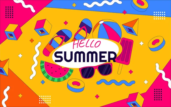 Hello Summer 90 'ın Renkli ve Kalın Renkli Arkaplanı ve Yaz Nesneleri ile Memphis Tarzı