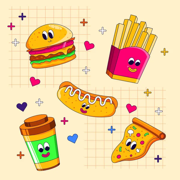 Cute Cartoon Junk Food Character Sticker Object Collection Bold Happy — Stock Vector