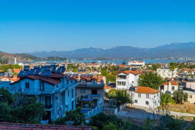 Fethiye, Turkey - November 2, 2022 - aerial panoramic view of the town and port of Fethiye