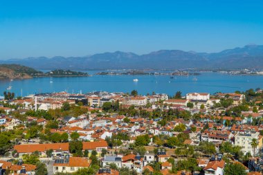 Fethiye, Turkey - November 2, 2022 - aerial view of the town and port of Fethiye