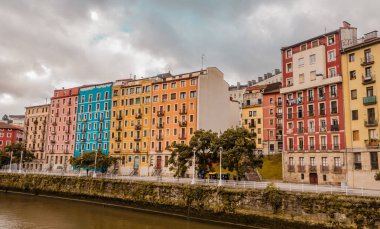 Bilbao, Spain - July 1, 2024 - buidings with Palestinian flags in Casco Viejo clipart