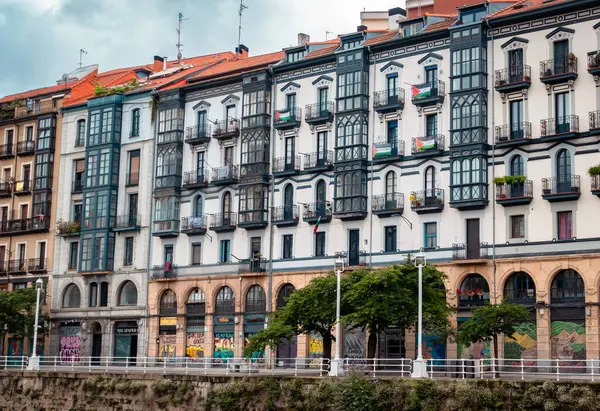 stock image Bilbao, Spain - July 1, 2024 - buidings with Palestinian flags in Casco Viejo