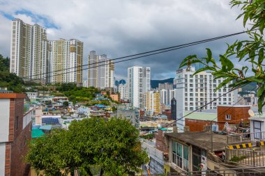 Busan, Güney Kore - 31 Ağustos 2024 - Busan 'ın merkezi Lee Jung-Seob Caddesi' nden görüldü.