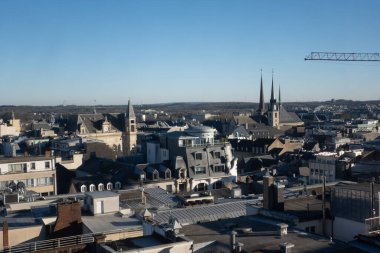 Aerial panorama sunset view of downtown Luxembourg City with Kirchberg Skyline clipart