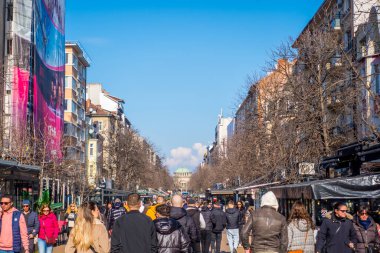 Sofya, Bulgaristan - 2 Şubat 2025 - Vitosha Bulvarı 'nın samimi manzarası