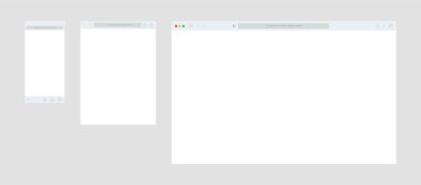 Beyaz arkaplanda web tarayıcı pencere şablonu. Farklı aygıtlar için web sitesi arayüzü.