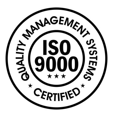 Kalite yönetimi sertifikalı, ISO9000 vektör simgesi, siyah renk, 