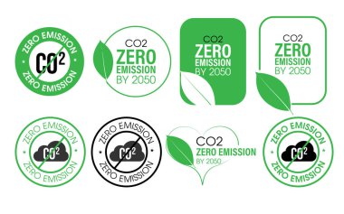 2050 yılına kadar çevresel soyut sıfır CO2 emisyonu. Vektör simgesi seti, yeşil renkte
