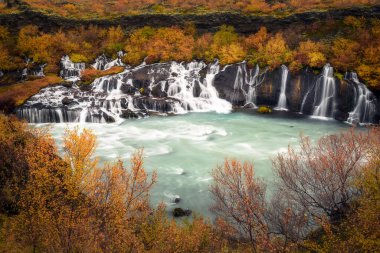 İzlanda 'daki güzel Hraunfossar' ın ayrıntıları, panorama, sonbahar, yeşillik, bilinen simge.