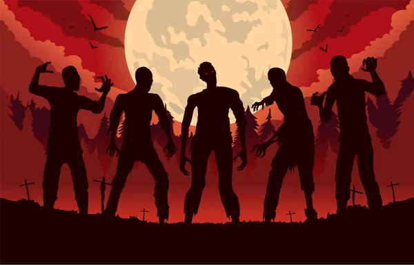 Groupe Zombies Sillouette Debout Dans Cimetière Une Nuit Pleine Lune — Image vectorielle