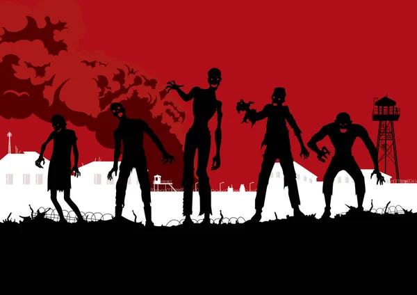 Groupe Soldats Zombies Debout Devant Caserne Avec Des Fumées Monstres — Image vectorielle