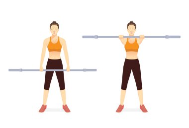 Spor kadını iki adım sonra boş halterle halter kaldırma egzersizi yapıyor. Egzersiz ekipmanları ile zorlu antrenman diyagramı