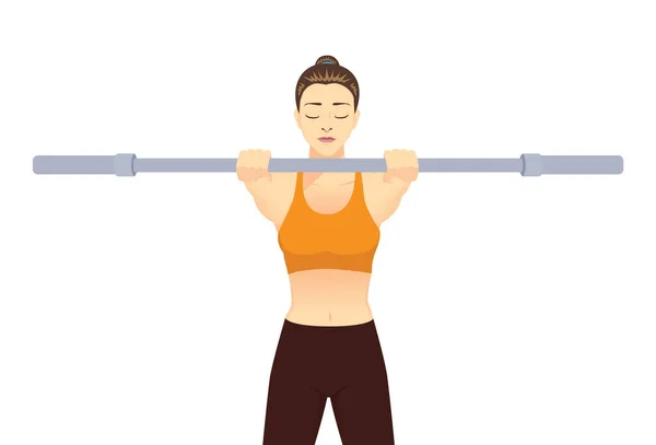 女性は肩のレベルで空のベルを上げる 重量挙げ装置による運動の開始ポーズについてのイラスト クローズアップ — ストックベクタ