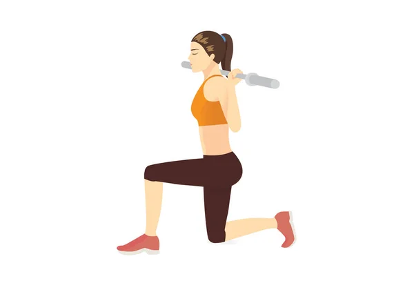 バーベル肺の運動をしているスポーツ女性は 空のバーベルによってポーズします 重量持ち上げ装置が付いている肩 腕および腹部のワークアウト ターゲット — ストックベクタ