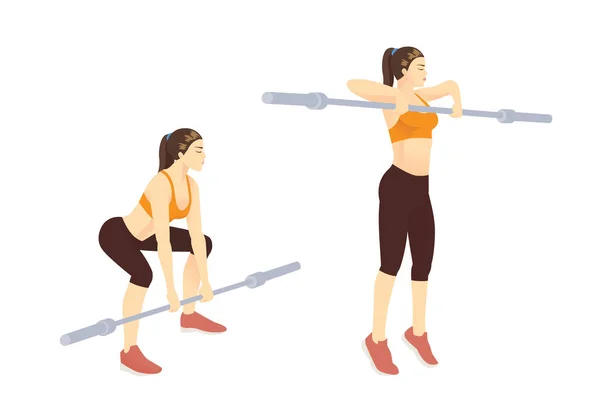 Αθλητική Γυναίκα Κάνει Barbell Άσκηση Στο Barbell High Pull Θέτουν — Διανυσματικό Αρχείο