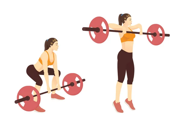 Mujer Haciendo Ejercicio Barbell Barbell High Pull Pose Weight Bar — Vector de stock
