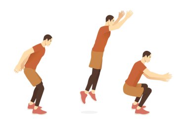 Man doing exercise in standing long jumping postures. Illustration about step by step of fitness pose for good exercise. clipart