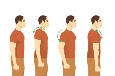 Adam 4 adım geriye doğru omuz egzersizi yapıyor. Ofis sendromu ve boyun ağrısını azaltmak ve önlemek için yapılan egzersiz..