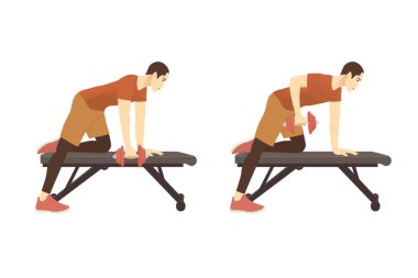 İki adım sonra Bench 'te Tek Kollu Ahmak Egzersiz Yapan Adam. Evde kalırken kolay spor yapma sanatı.