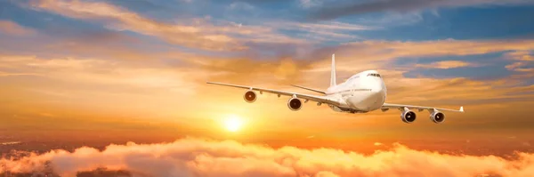 Wide panoramic view, banner of a flying passenger airplane four jet engine on a picturesque sunrise sky, travel trip