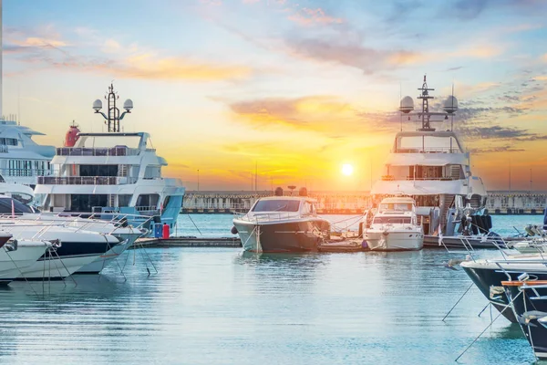 Marine parking of modern motor boats and blue water. Luxury yachts docked in sea port at sunset. Tranquility, relaxation and fashionable vacation