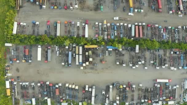 Aerial Top View Many Lot Semi Truck Cargo Trailer Containers — Stock Video
