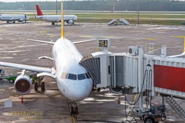 Uçak havaalanı kapısına iskele ile kenetlendi.