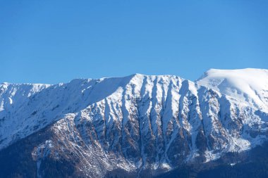 Karlı dağ manzarası ormanları, mavi gökyüzünü geçen sıradağlar.