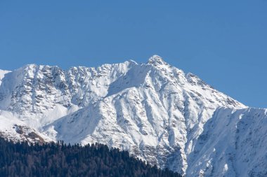 Karlı dağ manzarası ormanları, mavi gökyüzünü geçen sıradağlar.