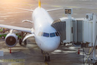 Uçağın burun ve kokpitini ve rıhtım güvertesi hava köprüsünü görüyoruz.