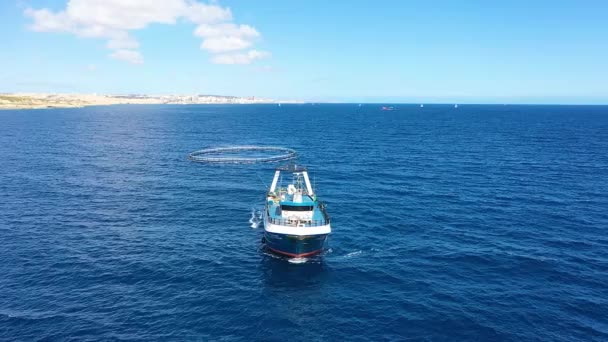 Barca Pesca Allevamento Ittico Mare Aperto Trasporto Pesce Gabbia Mercato — Video Stock