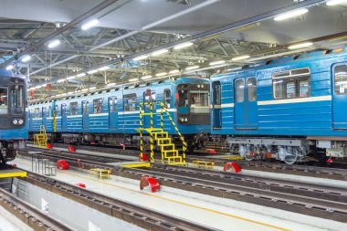 Passenger trains arriving for service at the electric depot