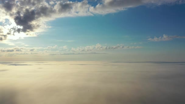 朝の明け方に霧の下の雲の上を飛んでいる — ストック動画