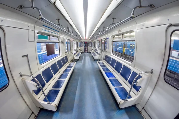 Modern Subway Metro Train Interior Empty Public Transport Blue Seats Stock Photo