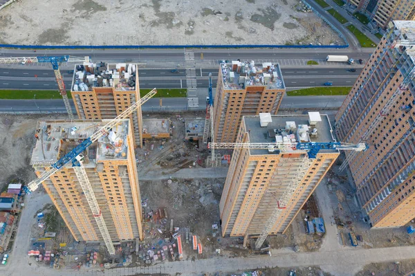Вид Сверху Воздуха Крупномасштабное Строительство Жилого Комплекса Видом Строительные Краны — стоковое фото