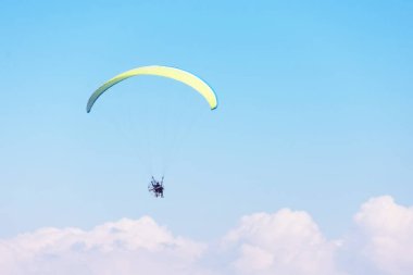 Paragliding, insanlar güneşli bir günde okyanus kıyısındaki plajdan havalanır.
