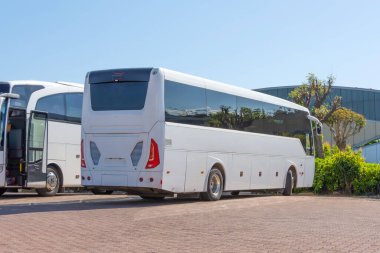 Şehirdeki bir otoparkta beyaz bir turist otobüsünün arka görüntüsü.
